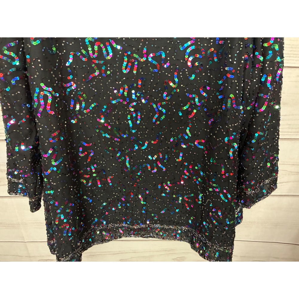 Vintage Silk Beaded Sequin Jacket Rainbow Multi Color Open Front Evening Top 1X - Picture 8 of 10